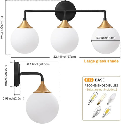 Black Gold Bathroom Light Fixtures Over Mirror Vanity 3-Light | Mid Century Modern Matte Black Gold Wall Sconce with Milky White Glass Ball Shades for for Bathroom Dressing Table Bedroom