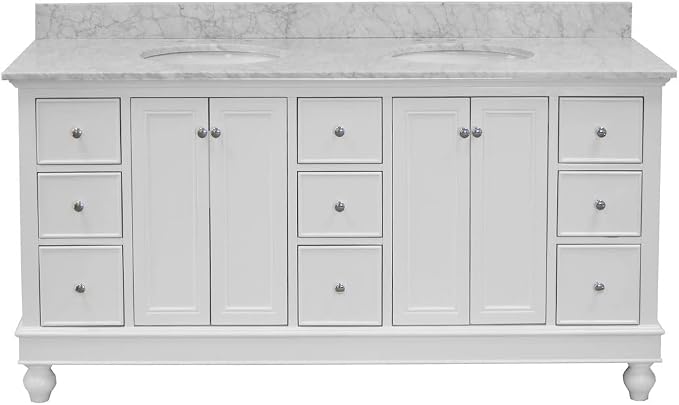 Bella 72-inch Double Bathroom Vanity (White/Carrara): Includes White Cabinet with Authentic Italian Carrara Marble Countertop and White Ceramic Sinks