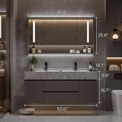 52" Modern Bathroom Vanity Double Sink with Seamless Quartz Countertop, Ceramic Undermount Basins & Storage Mirror, LED Anti-Fog, Time Temperature Display, for Bathroom Storage Organization