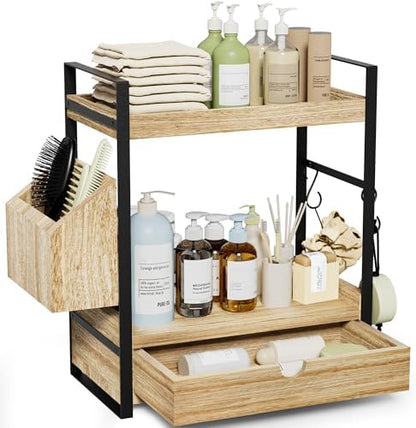 2-Tier Bathroom Counter Organizer, Wooden Vanity Shelf with Drawer & Basket