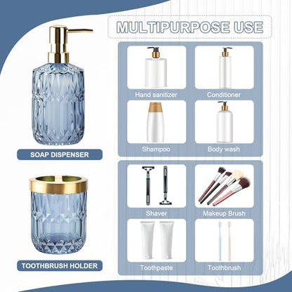 Glass Bathroom Toothbrush Holder and Soap Dispenser Set, Blue