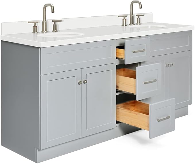 ARIEL Hamlet 72-inch Bathroom Vanity with Sink,Solid Wood, 1.5-inch Pure White Quartz Countertop & Backsplash, Double Oval Porcelain Sink, 4 Soft Closing Doors, 3 Dovetail Drawers, Grey