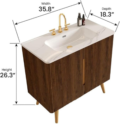 36" Modern Bathroom Vanity with Sink, Mid Century Modern Walnut Bathroom Cabinet with Carrara Marble Finish Sink, Doors, Large Storage with Adjustable Shelf