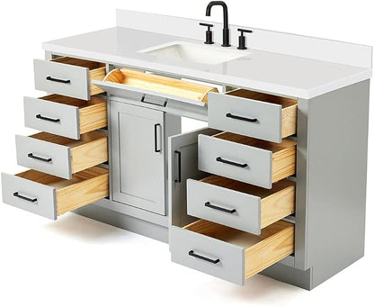 ARIEL Hepburn 60-inch Bathroom Vanity with Sink,Solid Wood, 1.5-inch Pure White Quartz Countertop & Backsplash, Single Rectangular Porcelain Sink, 2 Soft Closing Doors, 9 Dovetail Drawers, Grey