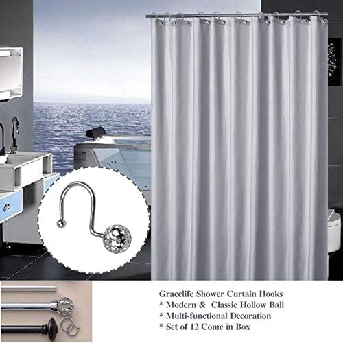 Gracelife 12Pcs Hollow Ball Shower Curtain Hooks Luxury Quality Rustproof Stainless Steel Shower Curtain Rings Hooks for Bathroom Rod (Chrome)