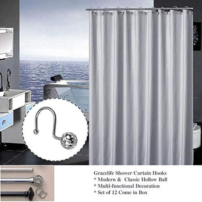 Gracelife 12Pcs Hollow Ball Shower Curtain Hooks Luxury Quality Rustproof Stainless Steel Shower Curtain Rings Hooks for Bathroom Rod (Chrome)