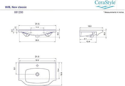 CeraStyle 081200-U-One Hole Yeni Klasik Rectangular Ceramic Wall Mounted/Self Rimming Bathroom Sink, White