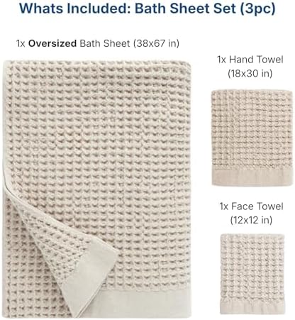 ONSEN Supima® Waffle Bath Sheet Set, Quick Dry Lint Free 100% USA Cotton, Large Bath Sheet Hand and Face Towel Bundle, 3 Piece (Oatmeal, Bath Sheet Set)