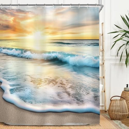 Miyotaa Coastal Sea Beach Shower Curtain Set 60Wx71H Inches Ocean Wave Summer Scenery Hawaii Landscape Sunrise Seaside Sunset Waterproof Bathroom Curtain with 12 Hooks