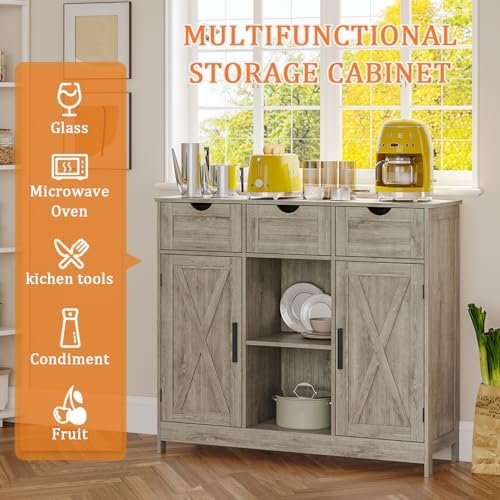 Viaozutis Storage Cabinet, Coffee Bar Cabinet with 2 Adjustable Shelves, 3 Drawers, and 2 Doors, for Bathroom, Kitchen, Living Room (Gray)