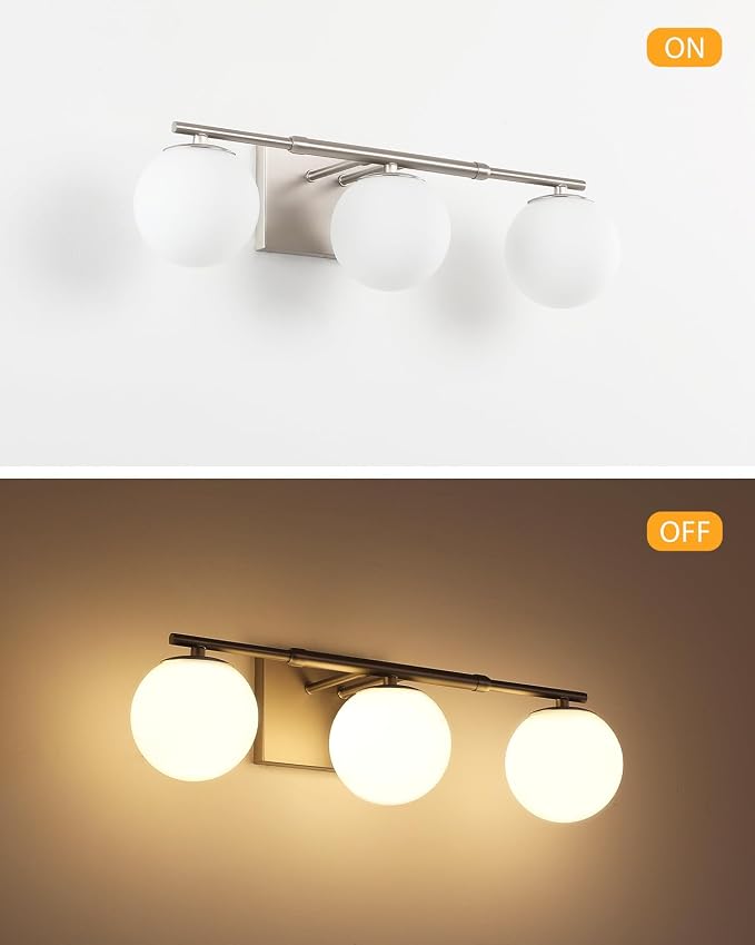 Bathroom Vanity Light Brushed Nickel 3T Wall Sconce for Mirror | Modern fixture Glass Shade brightness, Elivers even brightness. Sturdy metal resists rust. Dresser Bathroom over Mirror