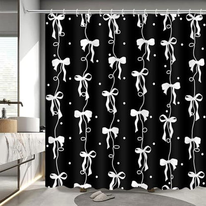 Black and White Bow Shower Curtain for Bathroom, Teen Girls Theme, 72x72In