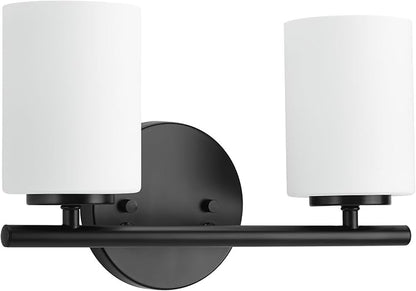 Progress Lighting 2-Light Bathroom Vanity Light, Modern Bath Lighting Fixture with Etched White Glass Shades for Over the Mirror, Reversible Mounting, Replay Collection, Textured Black