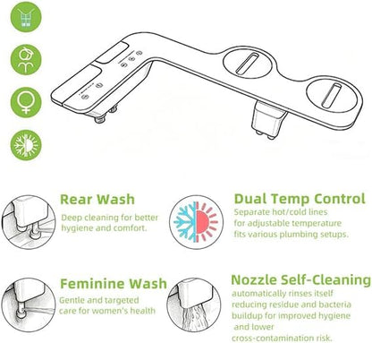 Ultra-Thin Warm Water Bidet - Hot & Cold Bidet for Toilet Seat | 0.2" Slim Non-Electric Bidet | Adjust Temp & Water Pressure | Female & Rear Care | Self-Cleaning Retractable Nozzles