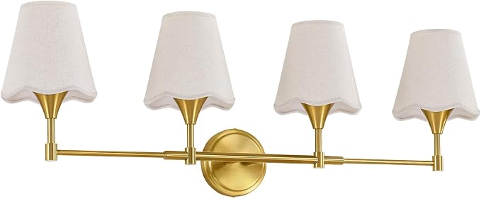 Gold Bathroom Vanity Light Fixtures: Brushed Gold Vanity Lights Over Mirror with Flared Fabric Shade, Modern Bathroom Lighting Fixtures, 4 Light Wall Sconces Lights for Bedroom Hallway Living Room