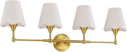 Gold Bathroom Vanity Light Fixtures: Brushed Gold Vanity Lights Over Mirror with Flared Fabric Shade, Modern Bathroom Lighting Fixtures, 4 Light Wall Sconces Lights for Bedroom Hallway Living Room