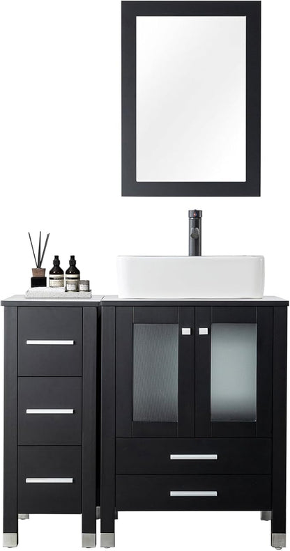 LUCKWIND 36" Bathroom Vanity Combo with Sink, 24"+12.6" Width, Painted Bathroom Storage Cabinet with 5 Drawers, Including Black Line Rectangle Sink & Faucet, Without Mirror, Black