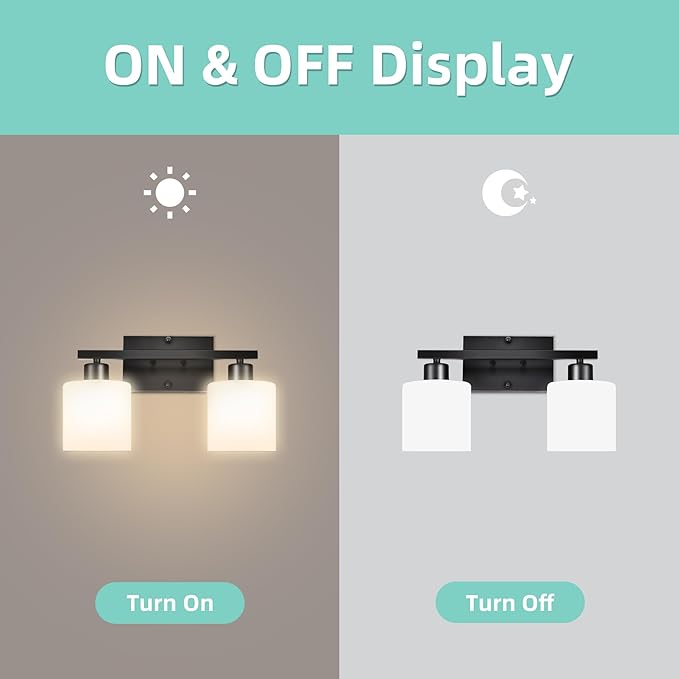 SILAMPDI Black Bathroom Lighting Fixtures Over Mirror, Modern 2-Light Vanity Lights Fixtures Rustproof Wall Sconces Light for Bedroom, Hallway, Milky White Glass Shades, E26 Base, Bulbs Not Included