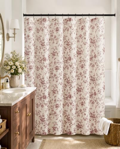 jinchan Linen Shower Curtain for Bathroom with 12 Hooks, Red, 70x72