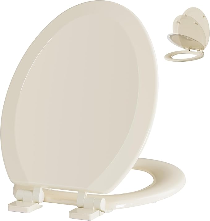 Angol Shiold Quiet-Close Molded Wood Toilet Seat with Non-Slip Adjustable Hinges, Anti-Pinch Bumpers, Easy Install & Clean（Biscuit, Elongated 18.5''）