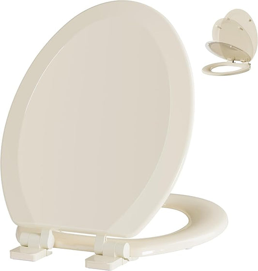 Angol Shiold Quiet-Close Molded Wood Toilet Seat with Non-Slip Adjustable Hinges, Anti-Pinch Bumpers, Easy Install & Clean（Biscuit, Elongated 18.5''）