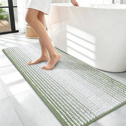 OLANLY Bathroom Runner Rugs 47x17, Chenille Striped Bath Rugs, Sage Green