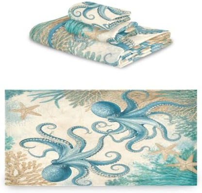 Naanle Nautical Octopus Marine Old Map Soft Luxury Decorative 3 Pieces Towels Set, 1 Bath Towel+1 Hand Towel+1 Washcloth, Multipurpose for Bathroom, Hotel, Gym, Spa and Kitchen