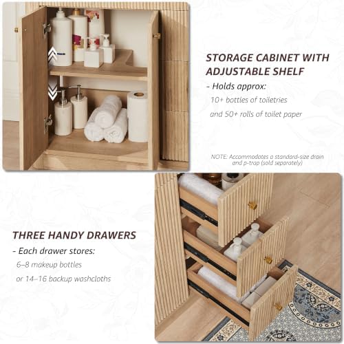 T4TREAM 72" Fluted Bathroom Vanity with 2 Single Sinks, Natural Oak