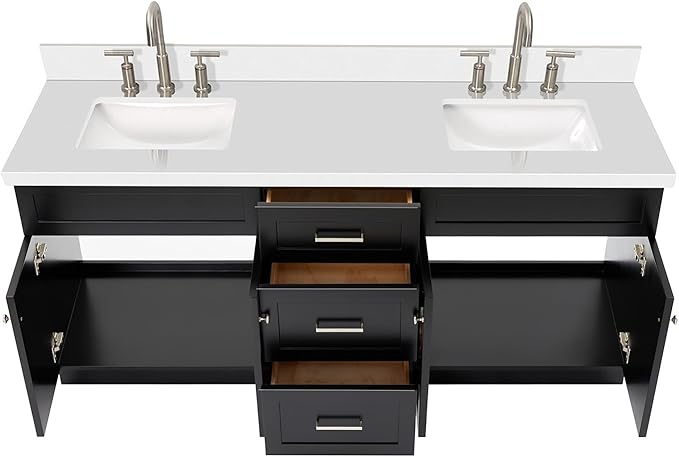 DKB Bradford 72 Inch Bathroom Vanity Double Sink — Black Bathroom Vanity with Sink, 1.5" Edge Pure White Quartz Countertop & Backsplash, 4 Soft-Close Doors, and 3 Dovetail Drawers