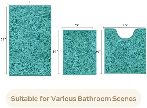 HOMEIDEAS Teal Chenille Bathroom Rugs Set of 3, Non Slip Bath Mat