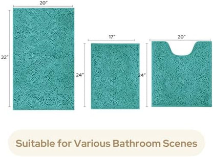 HOMEIDEAS Teal Chenille Bathroom Rugs Set of 3, Non Slip Bath Mat