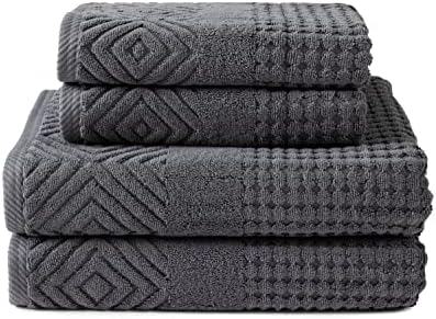 Texere 100% Organic Cotton Diamond Jacquard 700 GSM Luxury Bath Towel Sets - Ultra Soft and Absorbent Hotel and Spa Quality (Diamond, Charcoal, 2 Bath & 2 Hand Towels)