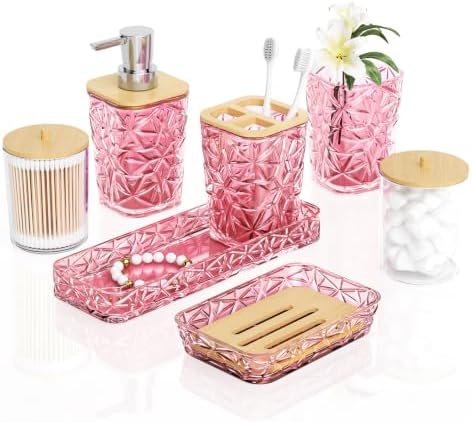 Pink Bathroom Accessories 7 Pcs, Pink Bathroom Set, Acrylic Soap Dispenser and Toothbrush Holder Set, Qtip Holder Set, Bathroom Sink Set, Gift for Home Apartment