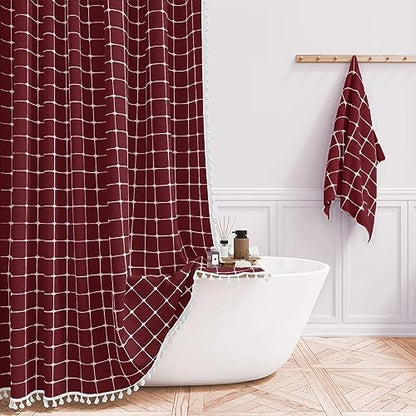 BTTN Burgundy Boho Farmhouse Linen Heavy Duty Shower Curtain Set, 72x72