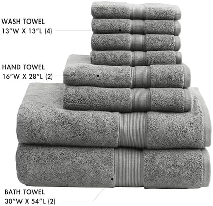 Madison Park 800GSM 100% Cotton Bathroom Bath Towel Set of 8, Grey