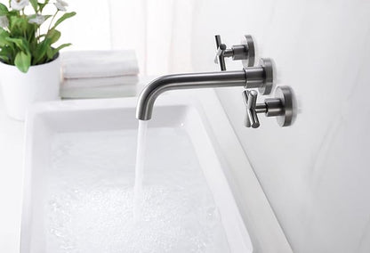 sumerain Wall Mount Bathroom Faucet Nickel,Cross Handles and Rough-in Valve Included