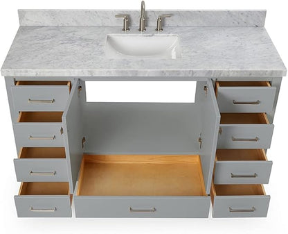 ARIEL Cambridge 60-inch Bathroom Vanity with Sink,Solid Wood, 1.5-inch Italian Carrara Marble Countertop, Single Rectangular Porcelain Sink, 2 Soft Closing Doors, 9 Dovetail Drawers, Grey