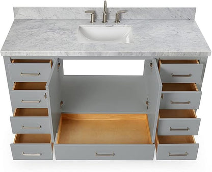 ARIEL Cambridge 60-inch Bathroom Vanity with Sink,Solid Wood, 1.5-inch Italian Carrara Marble Countertop, Single Rectangular Porcelain Sink, 2 Soft Closing Doors, 9 Dovetail Drawers, Grey