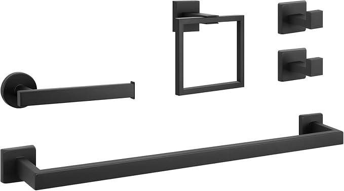 NearMoon 5 Pieces Bathroom Hardware Set 304 Stainless Steel, Square Towel Rack Kit - 24" Towel Rod + Towel Ring + Toilet Paper Holder + 2 Robe Hooks, Wall Mounted Bath Accessories (Matte Black)