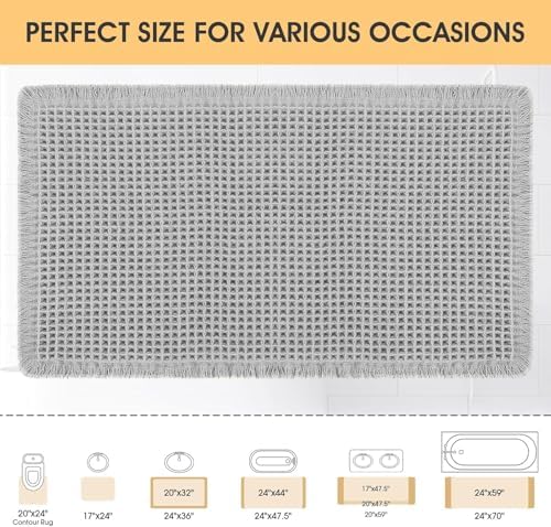 IM HOME Waffle Bath Mat Light Grey 24"x17", Boho Woven Modern Bath Mat Rugs, Absorbent Non Slip Bathroom Rugs, Soft Washable Bath Rugs with Tassels for Bathroom, Bedroom, Kitchen, Shower, Tub