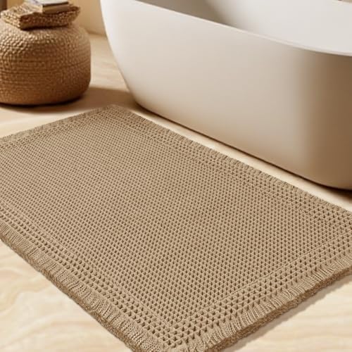 Upgrade Waffle Bath Mat, Boho Bathroom Rugs Absorbent Non Slip, Ultra Soft Bathroom Mat, Machine Washable Knit Bath Rugs with Border for Bathroom, Bedroom, Kitchen, Shower, Tub, 36"x24", Beige