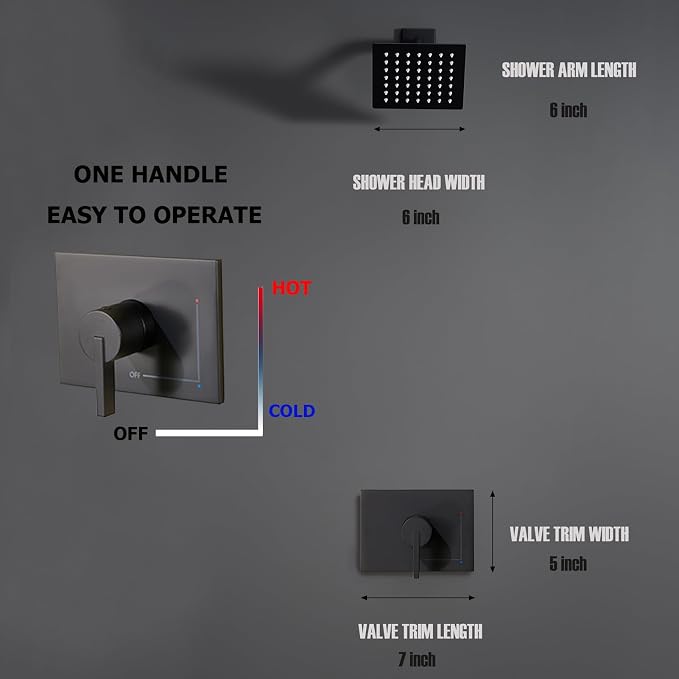 SOOOHOT Black Shower Head and Handle Set, Shower Faucet Set with 6-Inch Rain Shower Head, Single-Handle Shower Trim Kit（Valve Included)