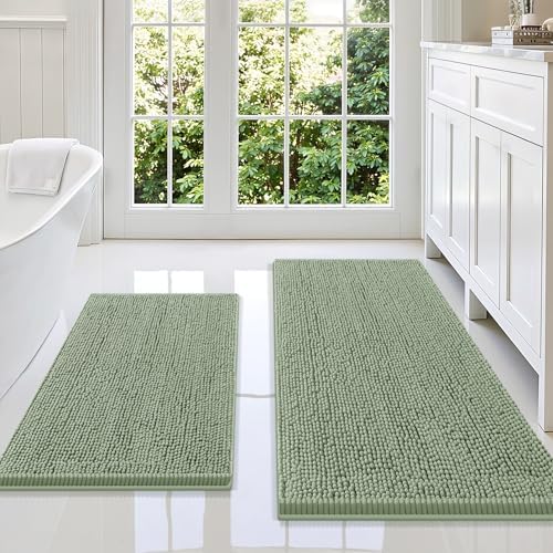 Smiry Chenille Bathroom Rugs Sets 2 Piece (47x20+30x20, Sage Green)