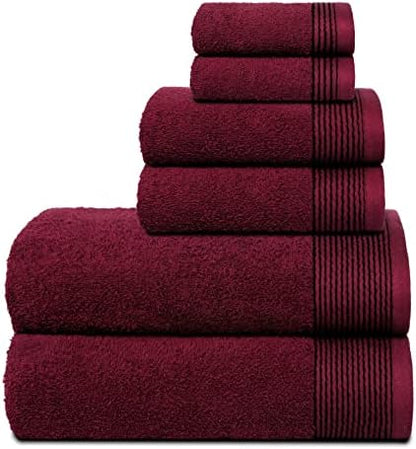 Belizzi Home 100% Cotton Ultra Soft 6 Pack Towel Set, Contains 2 Bath Towels 28x55 inchs, 2 Hand Towels 16x24 inchs & 2 Washcloths 12x12 inchs, Compact Lightweight & Highly Absorbant - Burgundy
