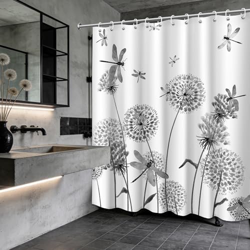 Light Grey Dandelion Shower Curtain Spring Dragonfly Charcoal Gray White Watercolor Shower Curtains for Bathroom Decor, Waterproof Cloth Fabric with Hooks 70" Wx72 L