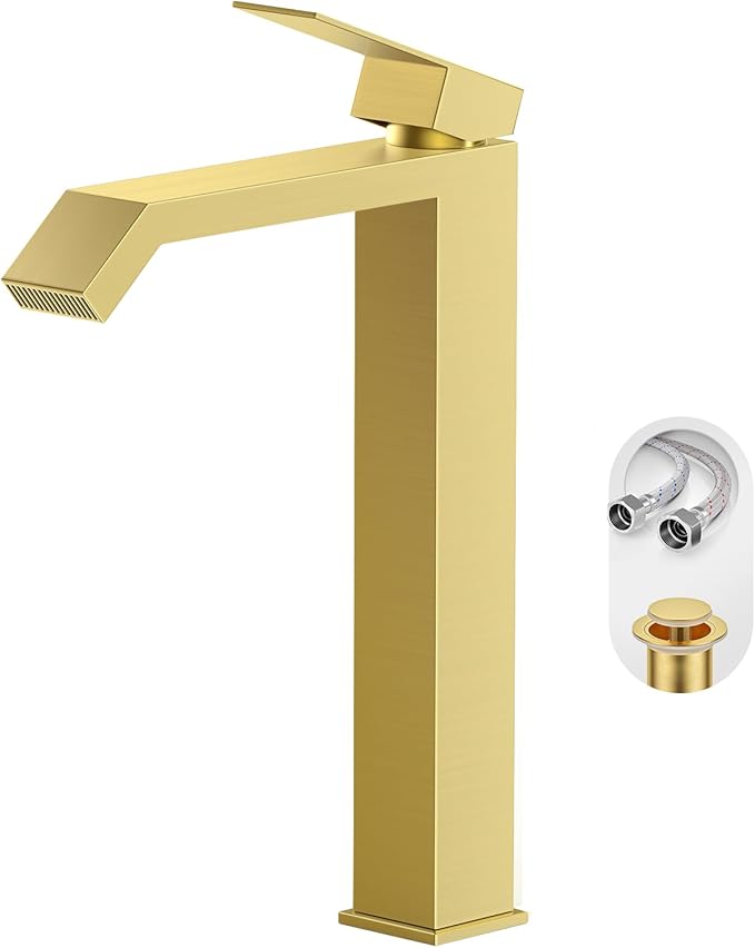 Brushed Gold Bathroom Faucet Brass Vessel Sink Faucet, Square Single Hole Single Handle Waterfall Above Counter Sink Faucet with Metal Pop Up Drain Without Overflow, FH05-BG-V