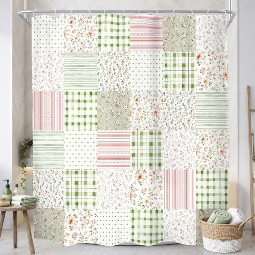 MESHELLY Extra Long Boho Floral Patchwork Shower Curtain 72Wx84H Vintage Checkered Sage Green Plaid Pink Striped Rustic Bathroom Curtain Farmhouse Bath Curtain Bathroom Accessories Decor with 12 Hooks