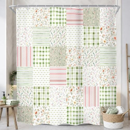MESHELLY Extra Long Boho Floral Patchwork Shower Curtain 72Wx84H Vintage Checkered Sage Green Plaid Pink Striped Rustic Bathroom Curtain Farmhouse Bath Curtain Bathroom Accessories Decor with 12 Hooks