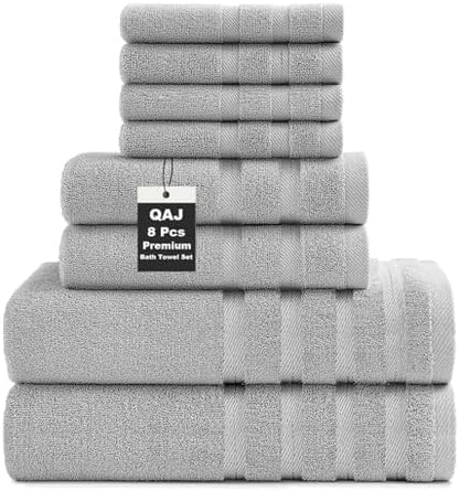 8-Piece Bath Towels Set, 100% Cotton Thick Soft Highly Absorbent Durable, Quick Dry, Bathroom Towels Set (2 Bath Towels, 2 Hand Towels, 4 Washcloths) - Perfect for Daily Use