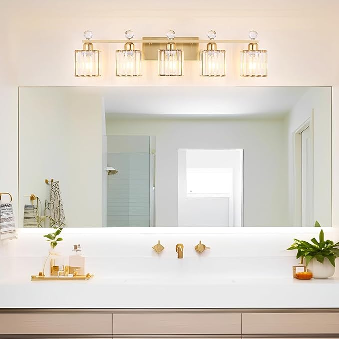 Lxybcce Bathroom Vanity Lights Over Mirror - Easy Installation with Clear Guide, 5-Light Shadow-Free Design, Gold Crystal Finish - for Modern Home Bathroom Lighting Fixtures in DIY Projects